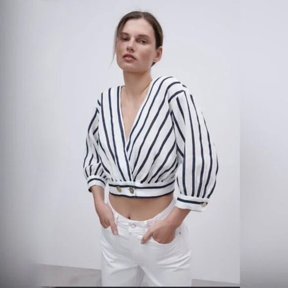 Zara Striped Linen Blend Wrap Blouse Nautical ResortWear Size Small - Picture 1 of 10